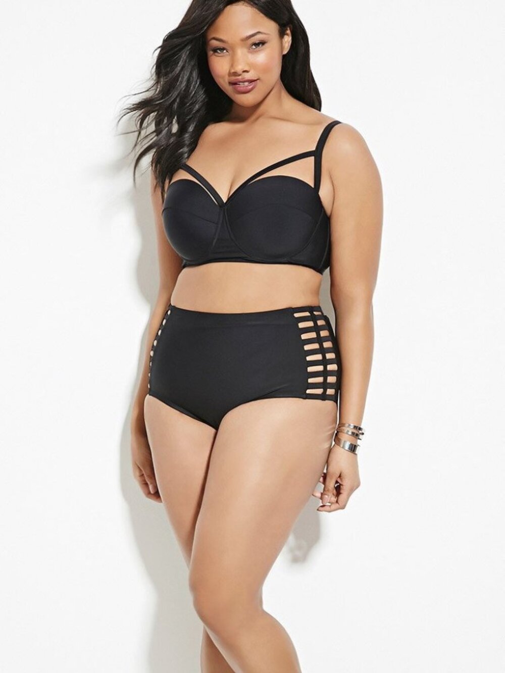 Forever 21 Plus Black Bralette Bikini Strap Top High Waisted Bottom XL1X2X3X